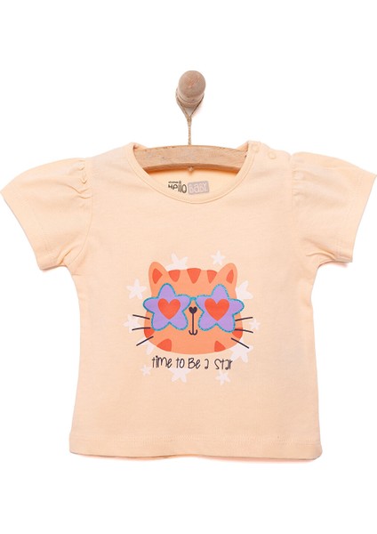 Basic Kız Star Kedi Baskılı T-Shirt Kız Bebek