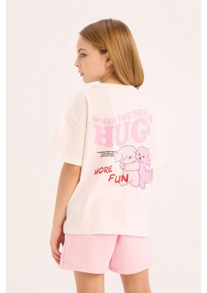 Kız Çocuk Oversize Geniş Kalıp Bisiklet Yaka Sırt Baskılı Kısa Kollu Tişört