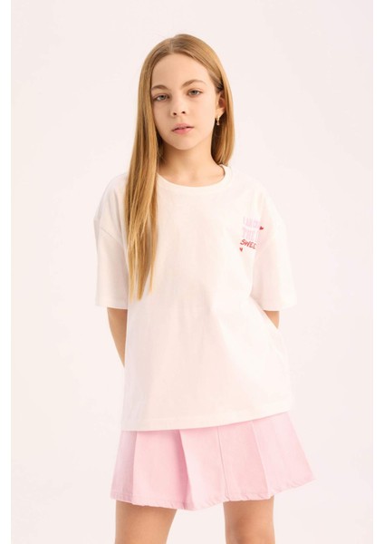 Kız Çocuk Oversize Geniş Kalıp Bisiklet Yaka Sırt Baskılı Kısa Kollu Tişört modelleri