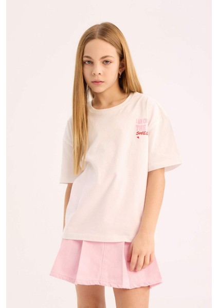 Kız Çocuk Oversize Geniş Kalıp Bisiklet Yaka Sırt Baskılı Kısa Kollu Tişört fırsatları