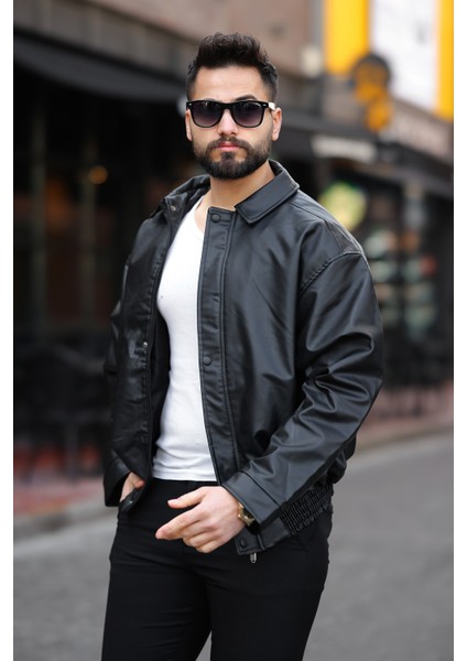 Oversize Vintage Erkek Siyah Deri Ceket