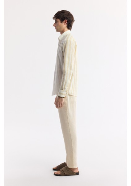 Erkek Bej Düğmeli Yaka Çizgili Keten Karışımlı Comfort Fit Gömlek A51Y2035 modelleri