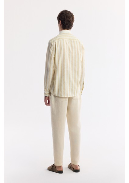 Erkek Bej Düğmeli Yaka Çizgili Keten Karışımlı Comfort Fit Gömlek A51Y2035 fırsatları