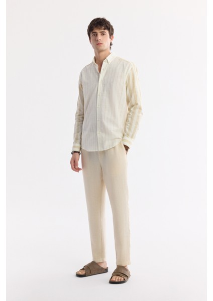 Erkek Bej Düğmeli Yaka Çizgili Keten Karışımlı Comfort Fit Gömlek A51Y2035 indirimleri