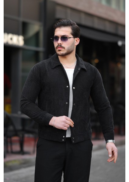 Erkek Klasik Yaka Düğmeli Siyah Kadife Ceket