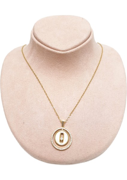 Çelik Kolye Beyaz Taşlı Yuvarlak Model 0,1 mm Zincir 40 cm Ayarlanabilir Altın Sarısı (Gold) Renkli