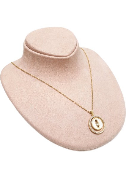 Çelik Kolye Beyaz Taşlı Yuvarlak Model 0,1 mm Zincir 40 cm Ayarlanabilir Altın Sarısı (Gold) Renkli
