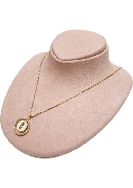 Çelik Kolye Beyaz Taşlı Yuvarlak Model 0,1 mm Zincir 40 cm Ayarlanabilir Altın Sarısı (Gold) Renkli