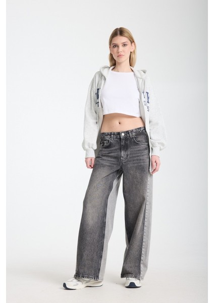 Reneta 197 Normal Bel Çift Renk Siyah Gri Baggy Jeans Kadın