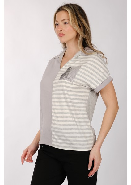 Minimalist Kısa Kol V Yaka Çizgili Kadın T-Shirt - Günlük Kullanım