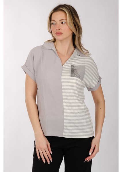 Minimalist Kısa Kol V Yaka Çizgili Kadın T-Shirt - Günlük Kullanım fiyatları