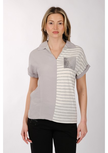 Minimalist Kısa Kol V Yaka Çizgili Kadın T-Shirt - Günlük Kullanım modelleri