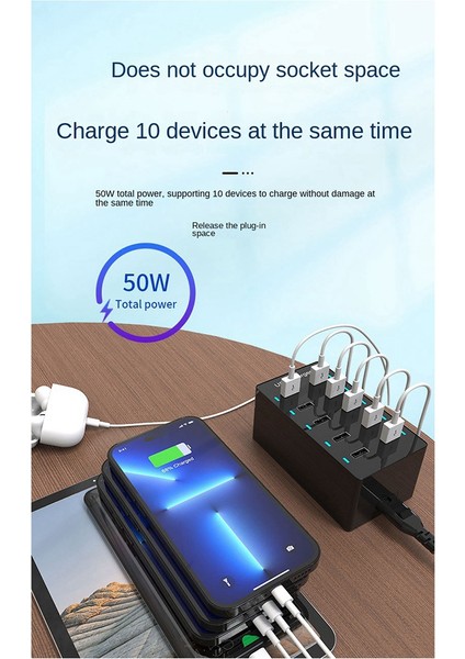 50W USB Çoklu Bağlantı Noktası Şarj Cihazı Hızlı Şarj Şarj Cihazı Hub 10 Bağlantı Noktası Hızlı Şarj Şarj Cihazı Şarj Masaüstü Şarj Cihazı Siyah (Ab) (Yurt Dışından)