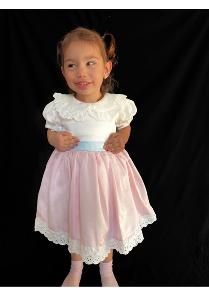 Kız Bebek- Çocuk Pamuk Saten Kısa Kollu Vintage Elbise Mavi Fiyonk