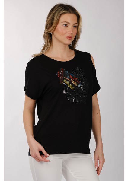 Oversize Omuz Detaylı Kısa Kol Minimalist Kadın T-Shirt
