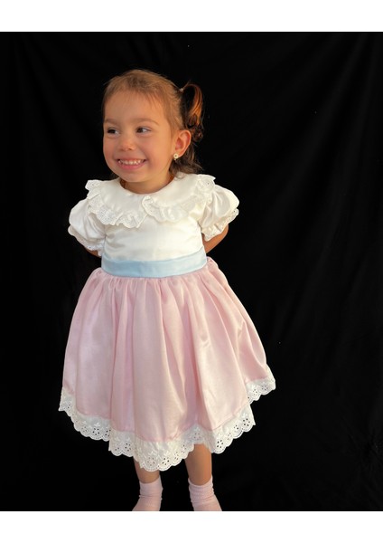 Kız Bebek- Çocuk Pamuk Saten Kısa Kollu Vintage Elbise Mavi Fiyonk fiyatları