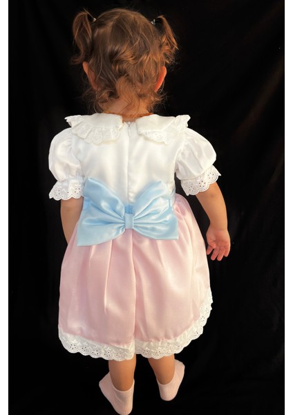 Kız Bebek- Çocuk Pamuk Saten Kısa Kollu Vintage Elbise Mavi Fiyonk modelleri