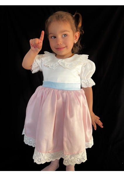 Kız Bebek- Çocuk Pamuk Saten Kısa Kollu Vintage Elbise Mavi Fiyonk fırsatları