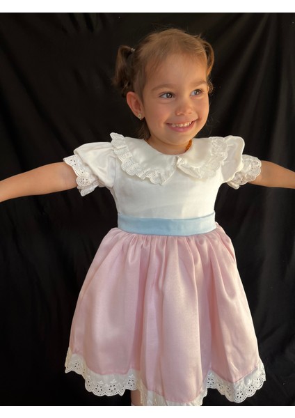 Kız Bebek- Çocuk Pamuk Saten Kısa Kollu Vintage Elbise Mavi Fiyonk indirimleri