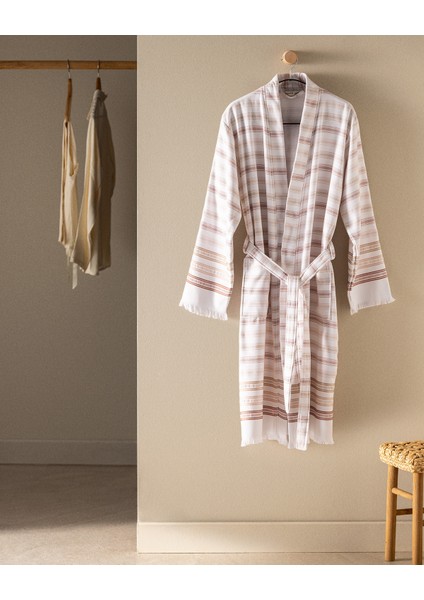 Guamod Kimono Pamuklu Unisex Bornoz - Beyaz/bej