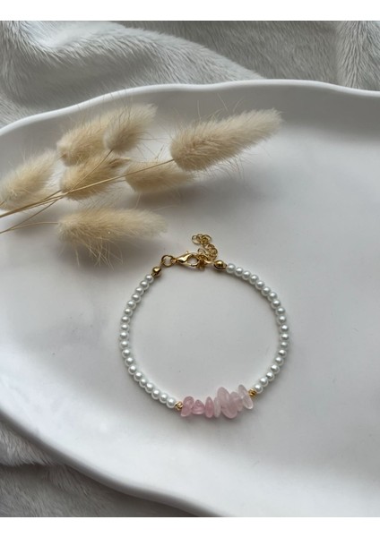 İncili Pembe Kuvars Taşı Bileklik
