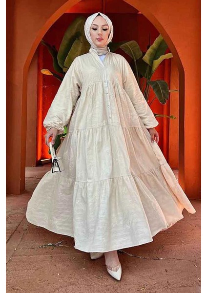 Kat Piliseli Bej Tesettür Elbise 10002BEJ