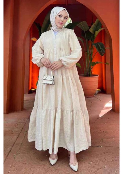 Kat Piliseli Bej Tesettür Elbise 10002BEJ fiyatları