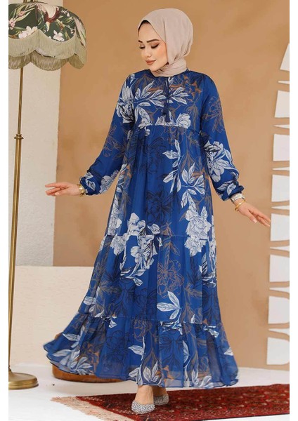 Çiçek Desenli Indigo Mavisi Tesettür Elbise 22055IM