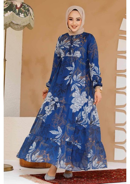 Çiçek Desenli Indigo Mavisi Tesettür Elbise 22055IM fiyatları