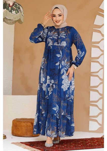 Çiçek Desenli Indigo Mavisi Tesettür Elbise 22055IM modelleri