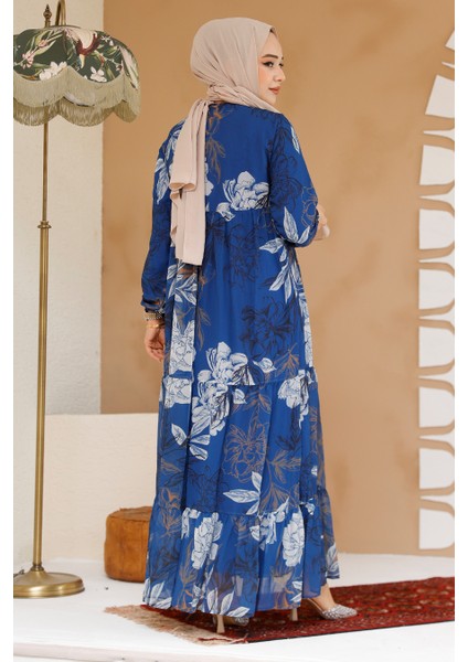 Çiçek Desenli Indigo Mavisi Tesettür Elbise 22055IM fırsatları