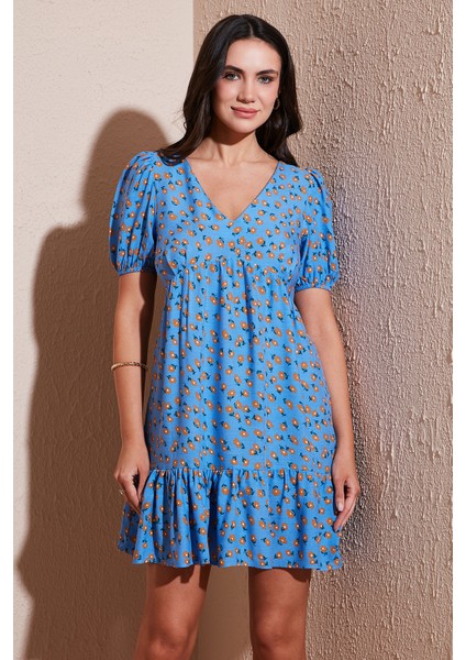 Regular Fit V Yaka Balon Kol Desenli Mini Elbise Bayan Elbise 67810045