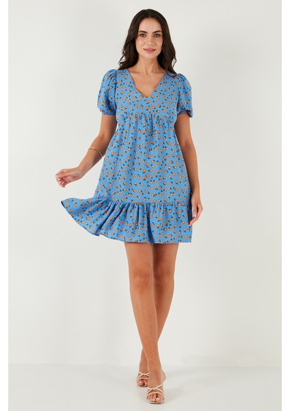 Regular Fit V Yaka Balon Kol Desenli Mini Elbise Bayan Elbise 67810045