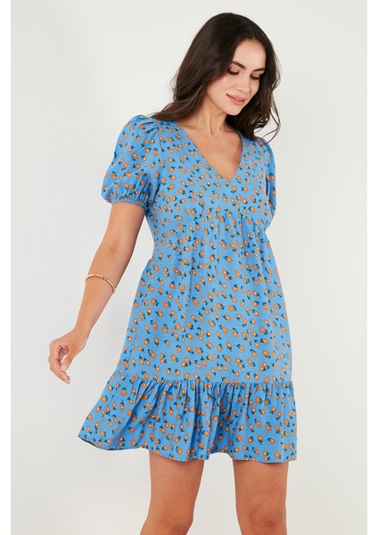 Regular Fit V Yaka Balon Kol Desenli Mini Elbise Bayan Elbise 67810045