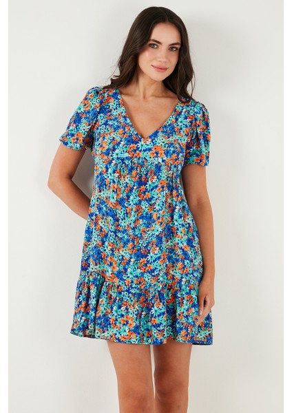 Regular Fit V Yaka Balon Kol Desenli Mini Elbise Bayan Elbise 67810045