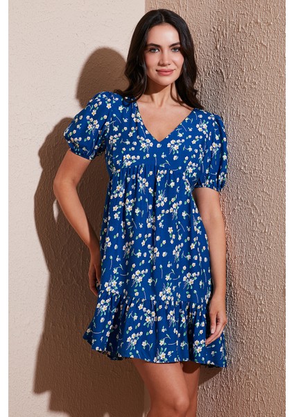 Regular Fit V Yaka Balon Kol Desenli Mini Elbise Bayan Elbise 67810045