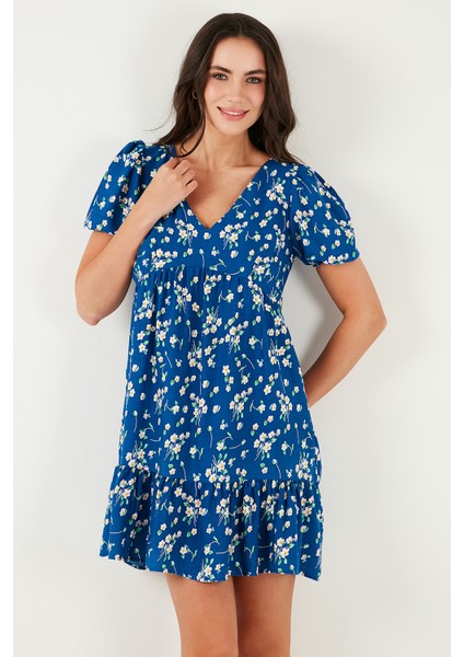Regular Fit V Yaka Balon Kol Desenli Mini Elbise Bayan Elbise 67810045