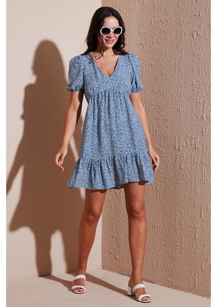 Regular Fit V Yaka Balon Kol Desenli Mini Elbise Bayan Elbise 67810045