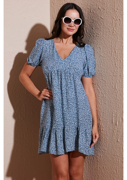 Regular Fit V Yaka Balon Kol Desenli Mini Elbise Bayan Elbise 67810045