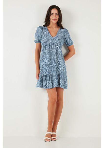 Regular Fit V Yaka Balon Kol Desenli Mini Elbise Bayan Elbise 67810045