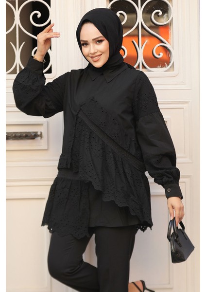 Güpürlü Siyah Tesettür Tunik 14221S