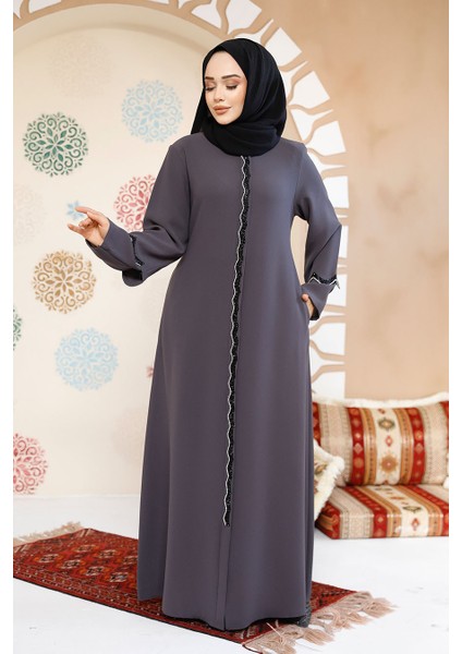 Boncuk Işlemeli Füme Tesettür Abaya 61365FU