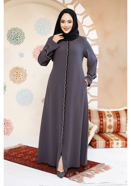 Boncuk Işlemeli Füme Tesettür Abaya 61365FU