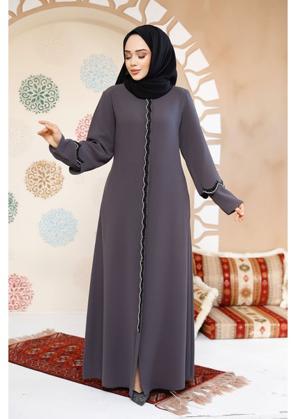 Boncuk Işlemeli Füme Tesettür Abaya 61365FU