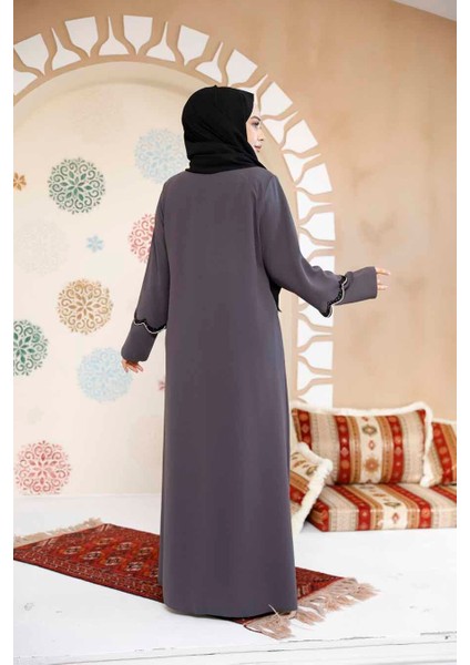 Boncuk Işlemeli Füme Tesettür Abaya 61365FU