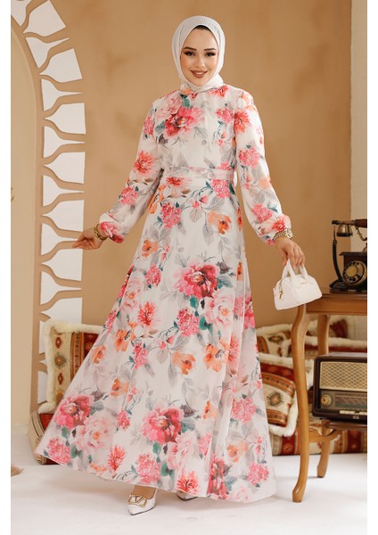 Çiçek Desenli Beyaz Pembe Tesettür Elbise 27962BP