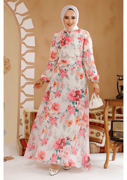 Çiçek Desenli Beyaz Pembe Tesettür Elbise 27962BP fiyatları