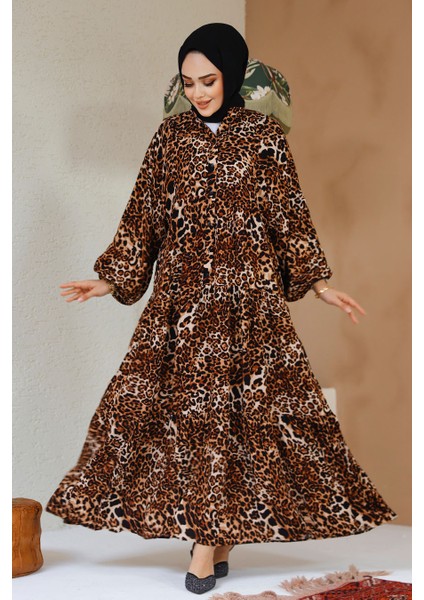 Leopar Desenli Tesettür Elbise 20572LP