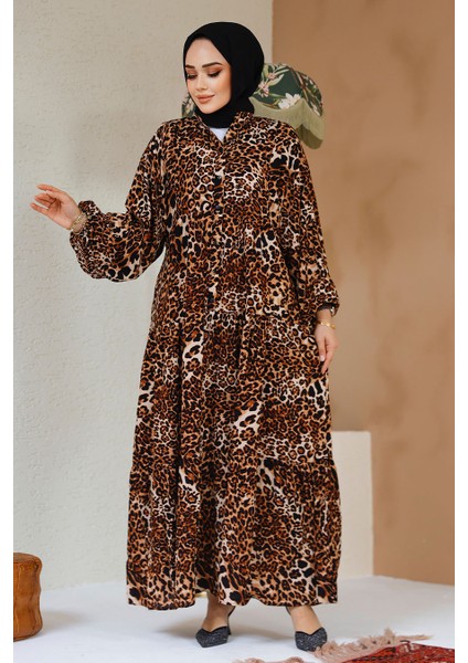 Leopar Desenli Tesettür Elbise 20572LP fiyatları