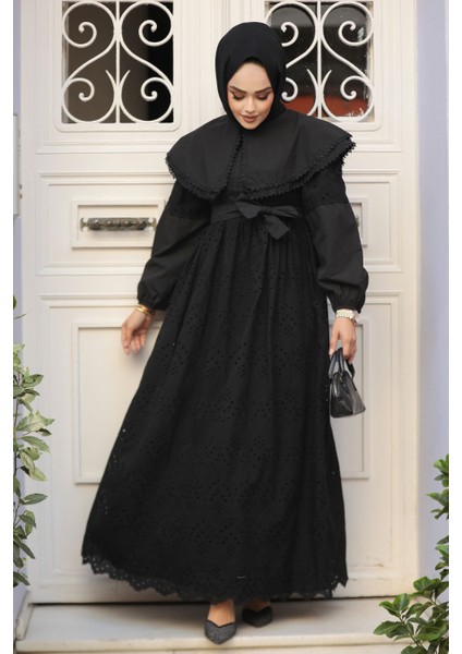 Güpürlü Siyah Tesettür Elbise 14212S